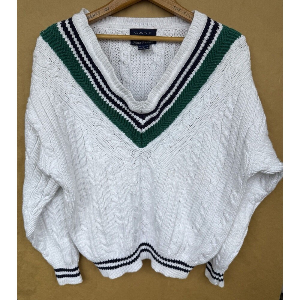 Vtg GANT Cricket Sweater Mens L White Cable Knit V-Neck Tennis Varsity Stripe